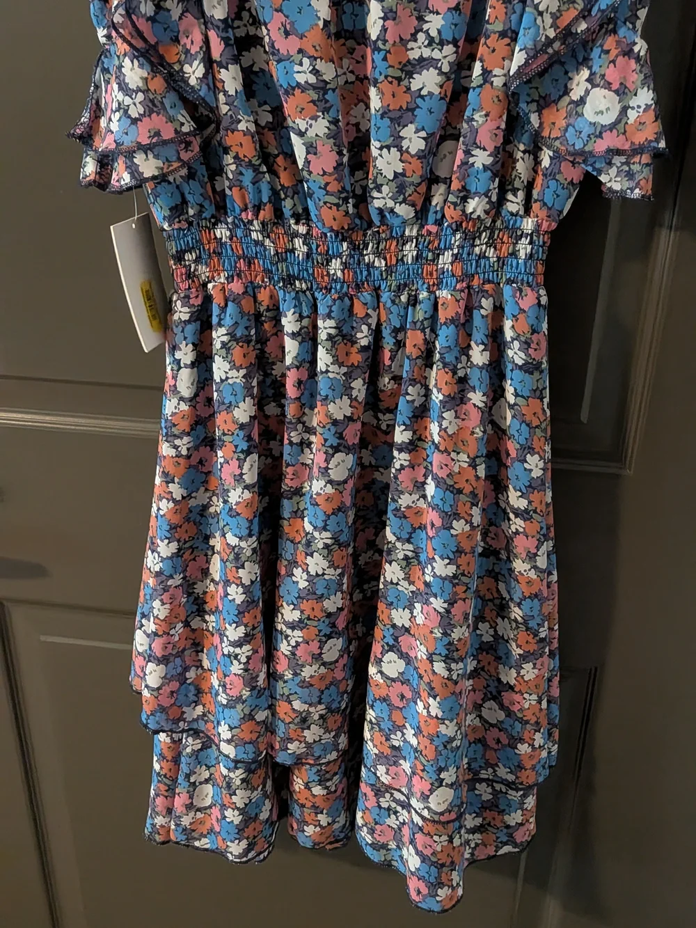 Flowers and Ruffles Smocked Waist Kids Dress - Blue/Pink